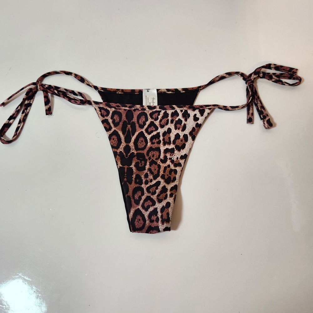 437 Swimwear Leopard Print Side Tie Bikini Bottom Brown Tan Small